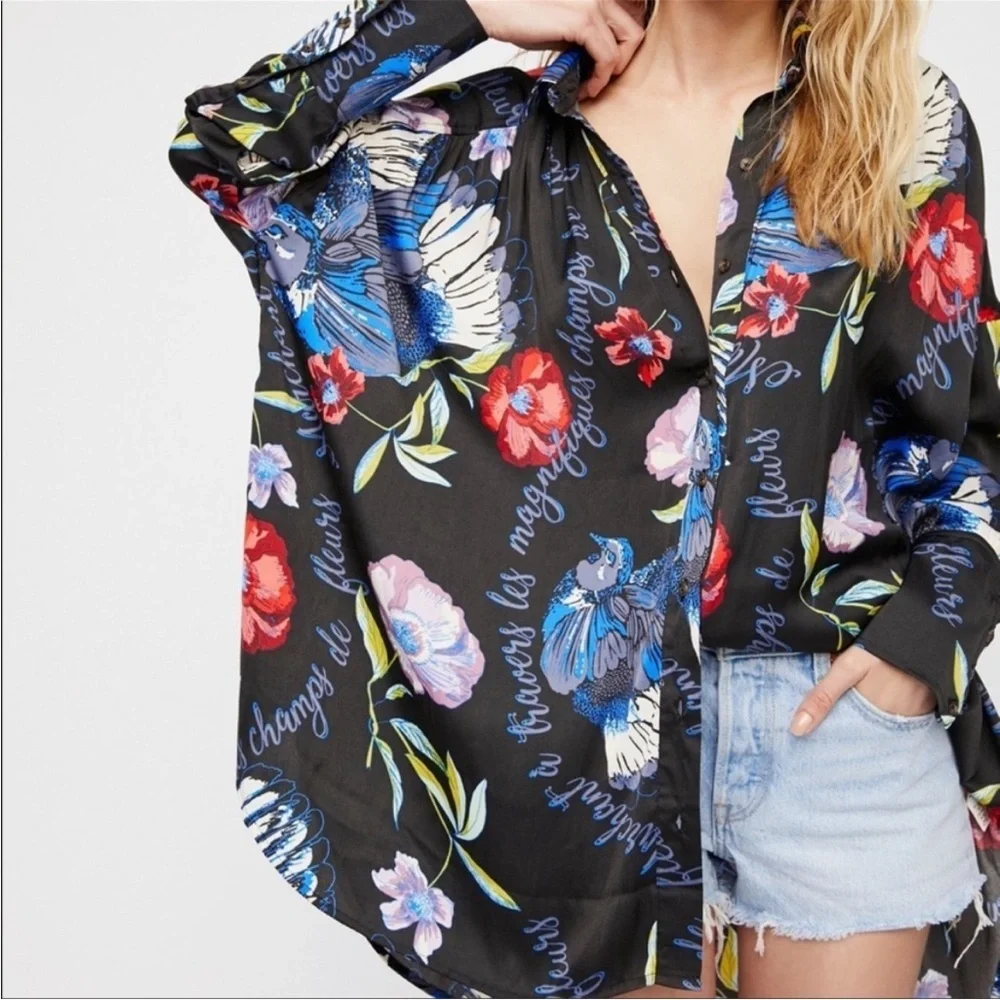 Free People Button Floral Top Womens Oversized Long Sleeve Silky Whimsigoth Dark